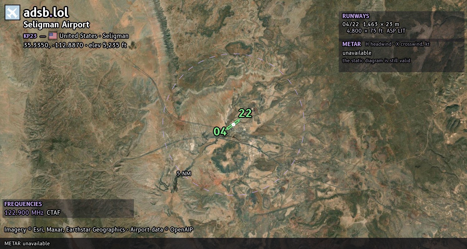 Satellite map with the runway layout of Seligman Airport (KP23)