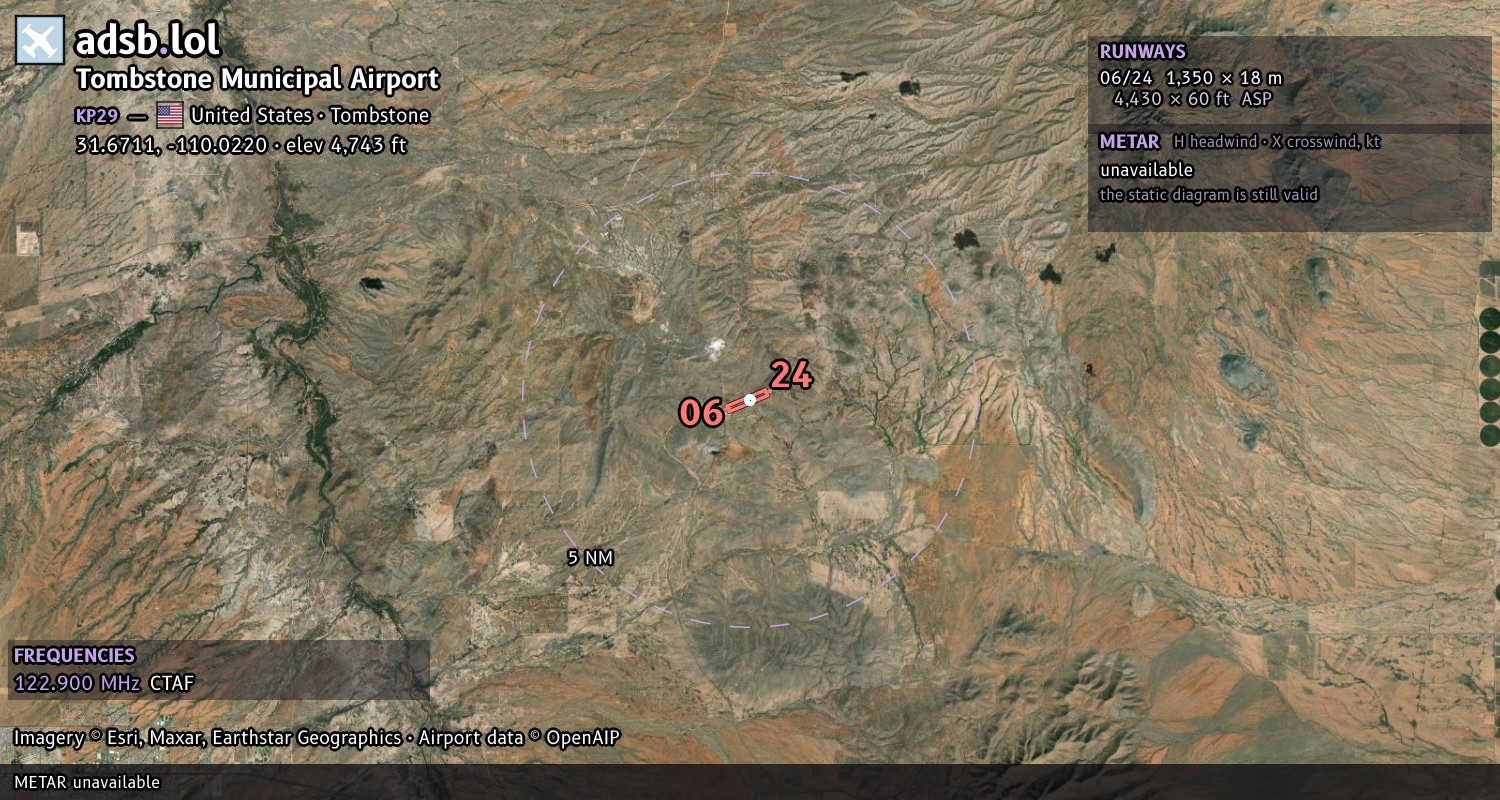 Satellite map with the runway layout of Tombstone Municipal Airport (KP29)
