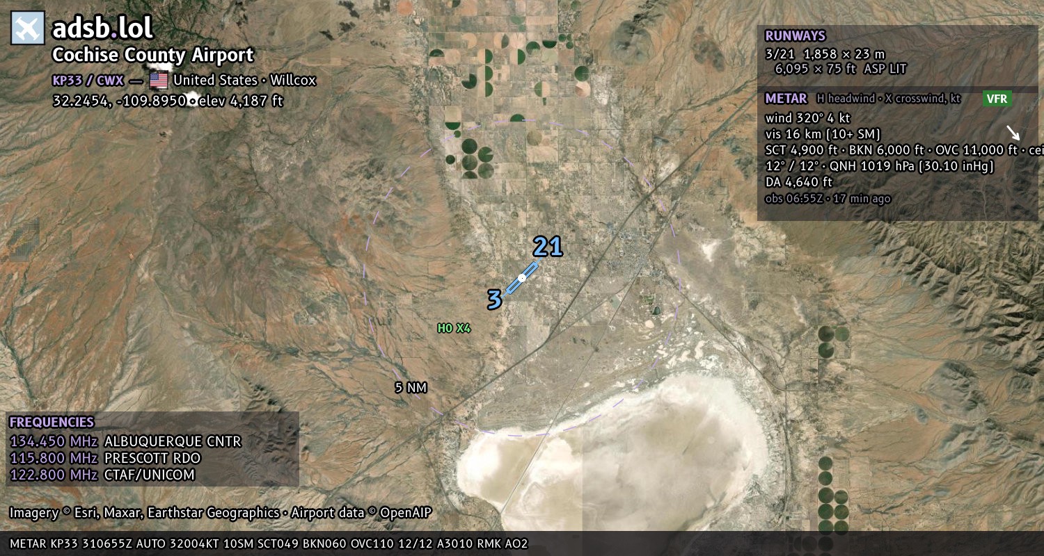 Satellite map with the runway layout of Cochise County Airport (KP33)
