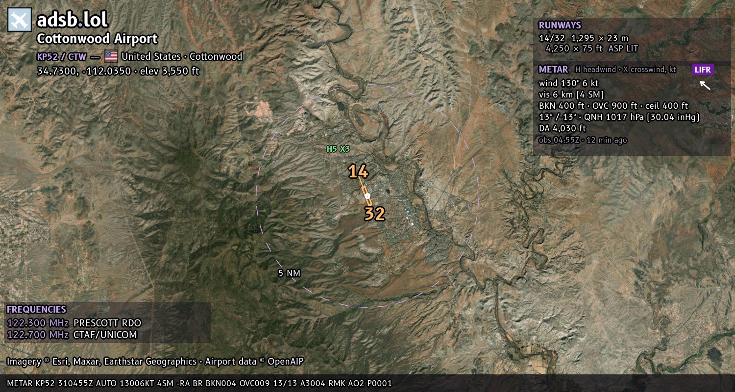 Satellite map with the runway layout of Cottonwood Airport (KP52)