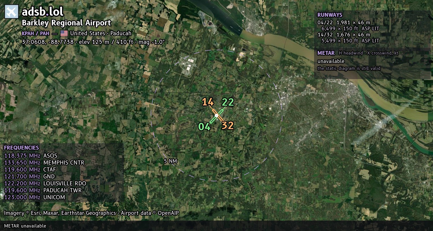 Satellite map with the runway layout of Barkley Regional Airport (KPAH)