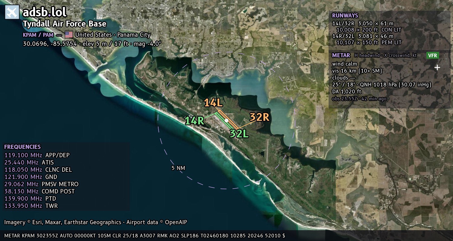 Satellite map with the runway layout of Tyndall Air Force Base (KPAM)