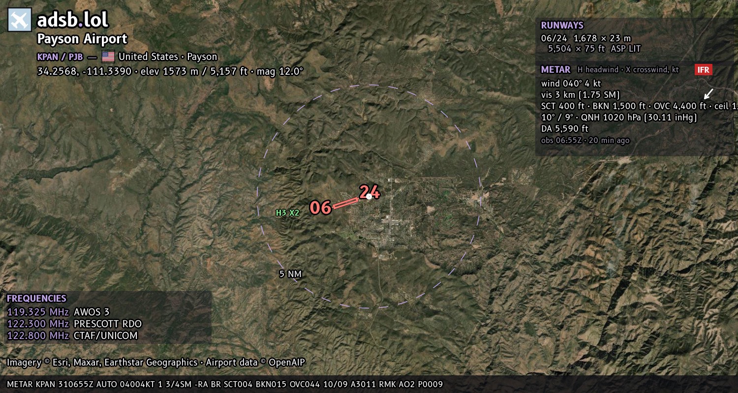 Satellite map with the runway layout of Payson Airport (KPAN)