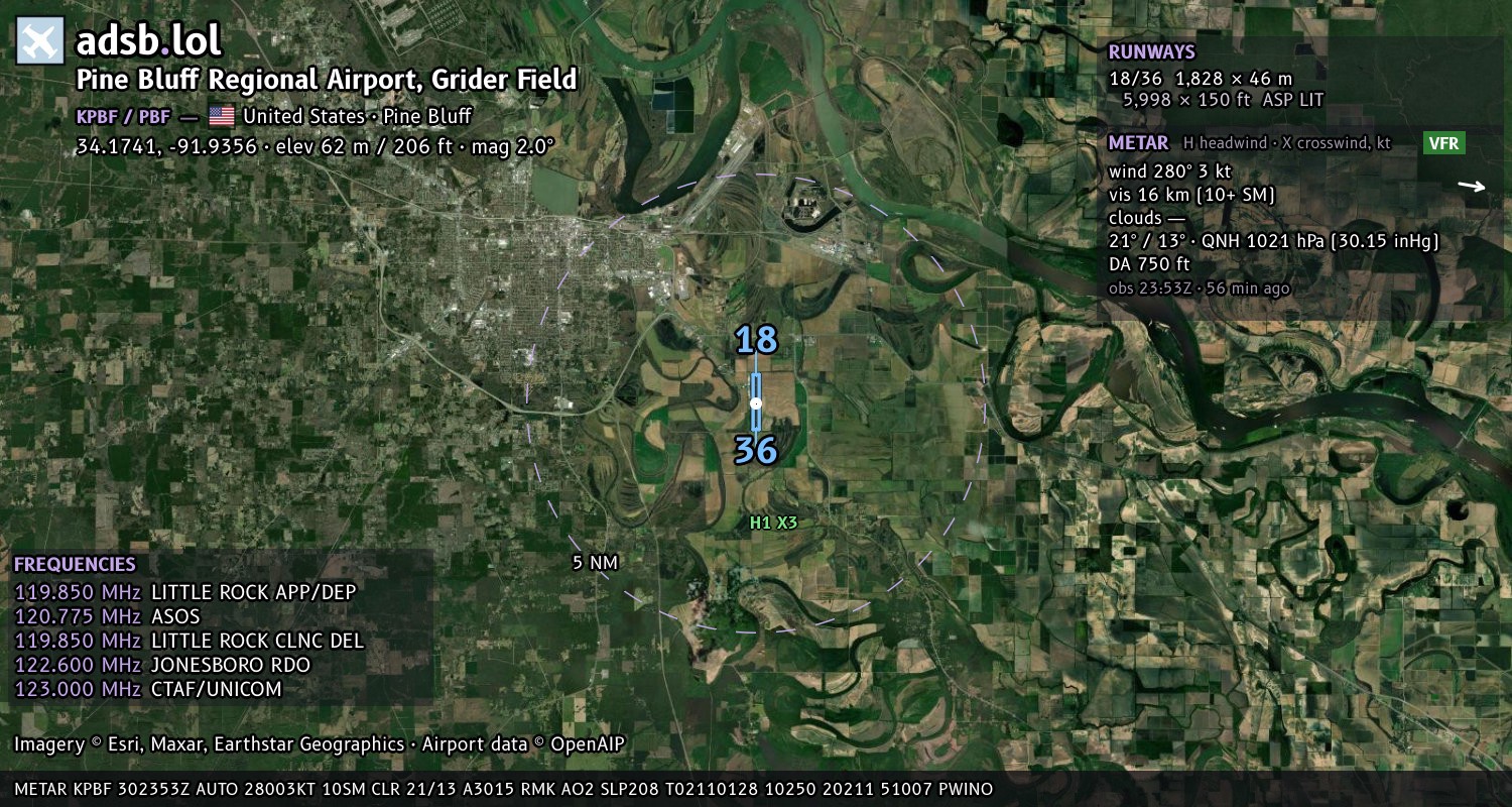 Satellite map with the runway layout of Pine Bluff Regional Airport, Grider Field (KPBF)