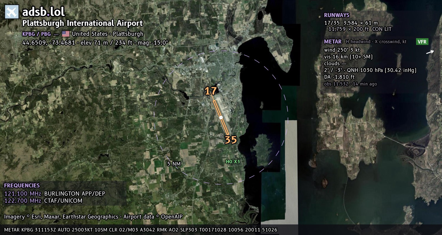 Satellite map with the runway layout of Plattsburgh International Airport (KPBG)