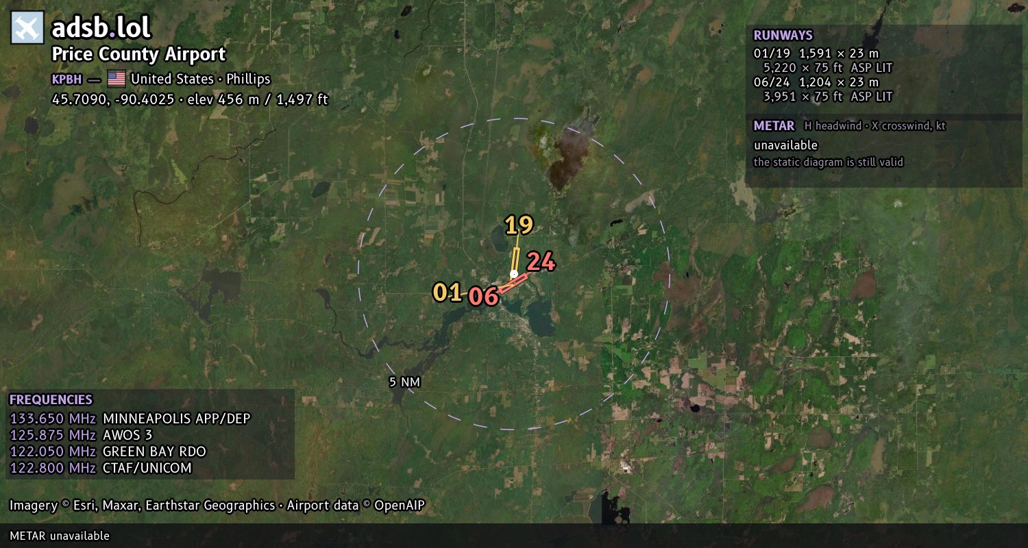 Satellite map with the runway layout of Price County Airport (KPBH)