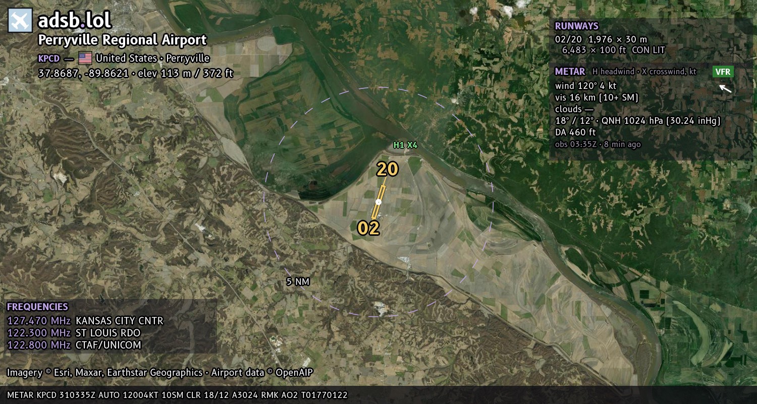 Satellite map with the runway layout of Perryville Regional Airport (KPCD)