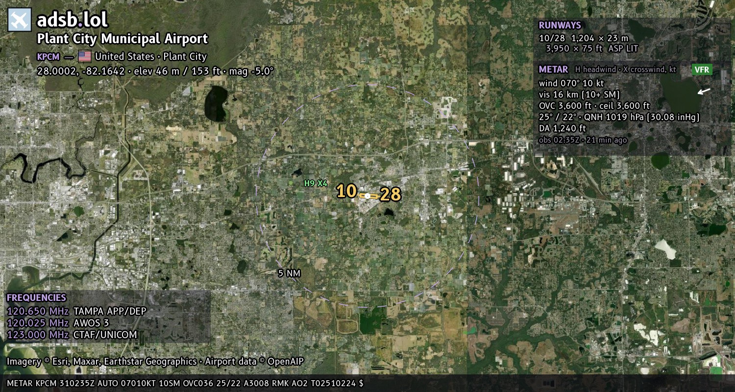 Satellite map with the runway layout of Plant City Municipal Airport (KPCM)