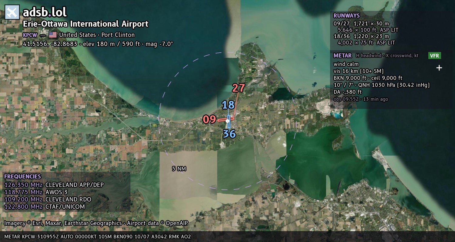 Satellite map with the runway layout of Erie-Ottawa International Airport (KPCW)