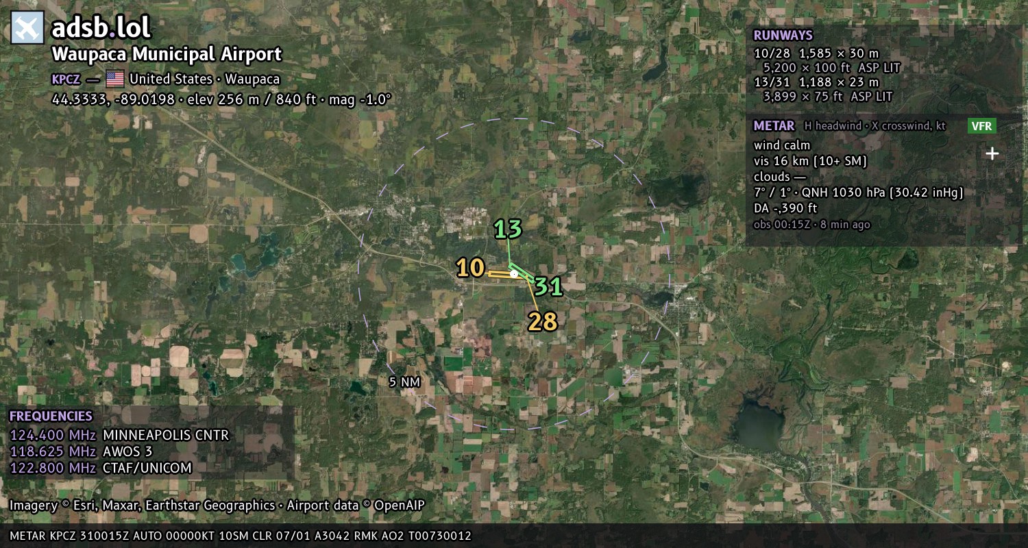 Satellite map with the runway layout of Waupaca Municipal Airport (KPCZ)