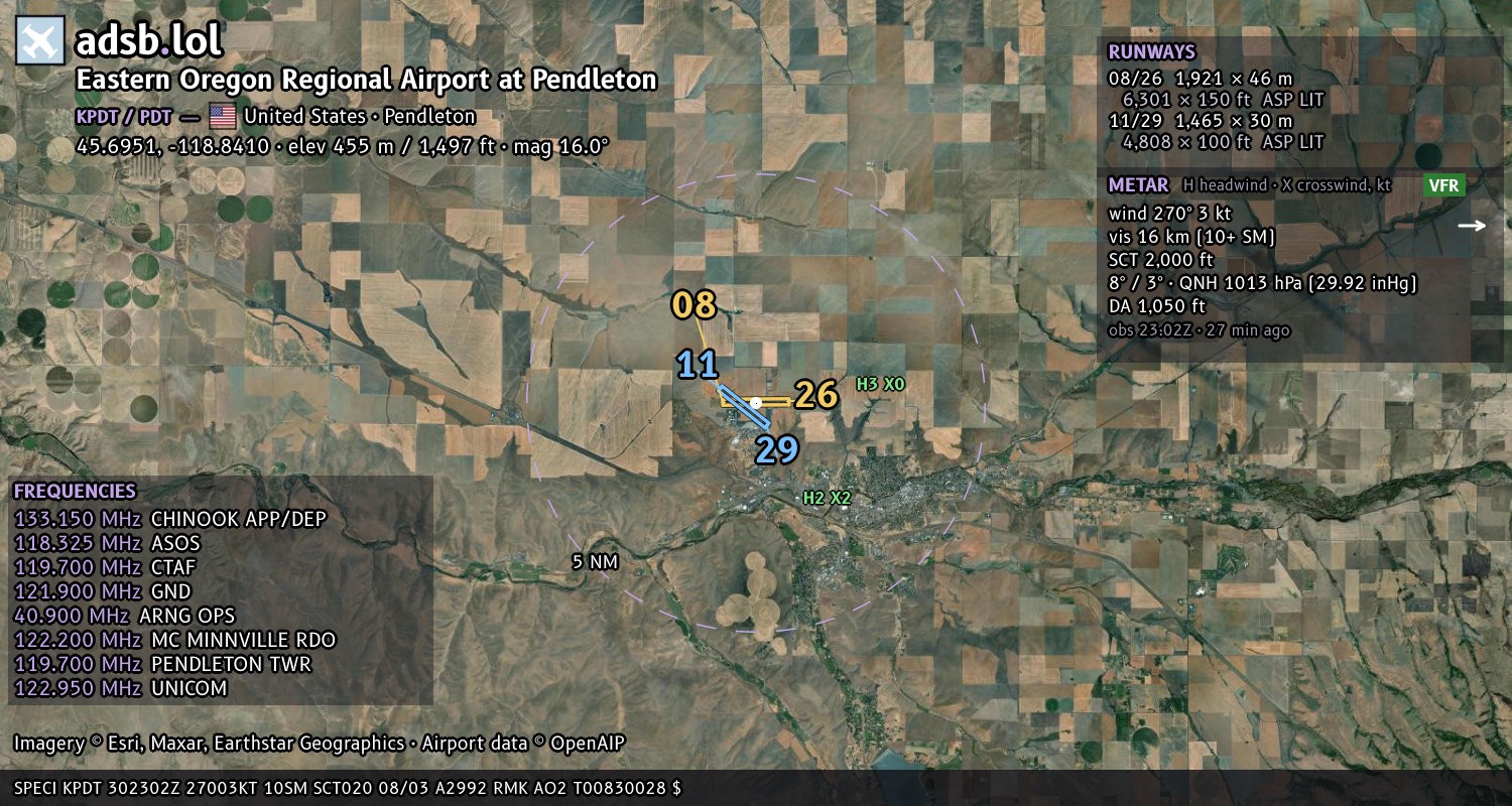 Satellite map with the runway layout of Eastern Oregon Regional Airport at Pendleton (KPDT)