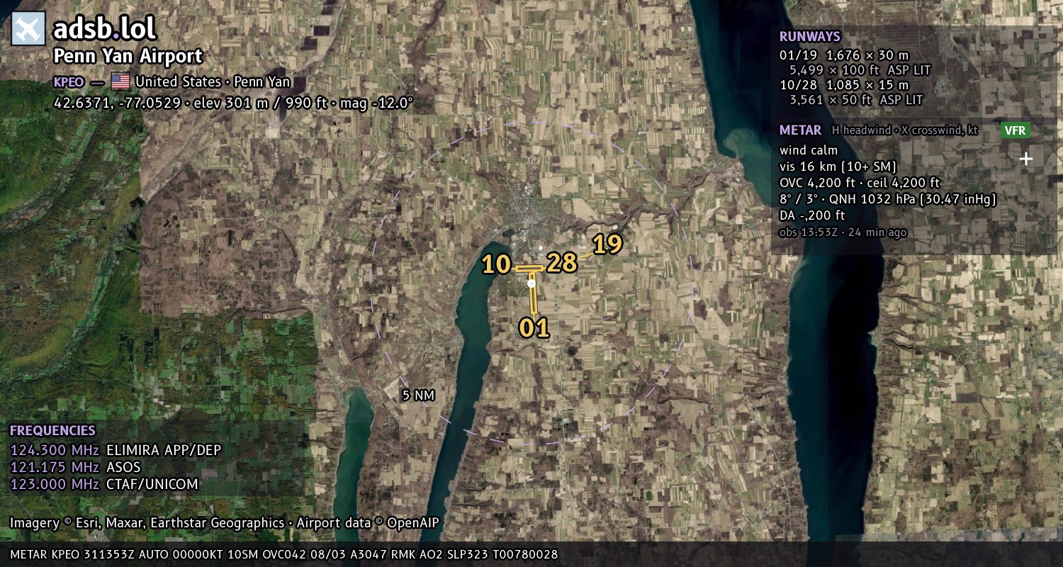 Satellite map with the runway layout of Penn Yan Airport (KPEO)