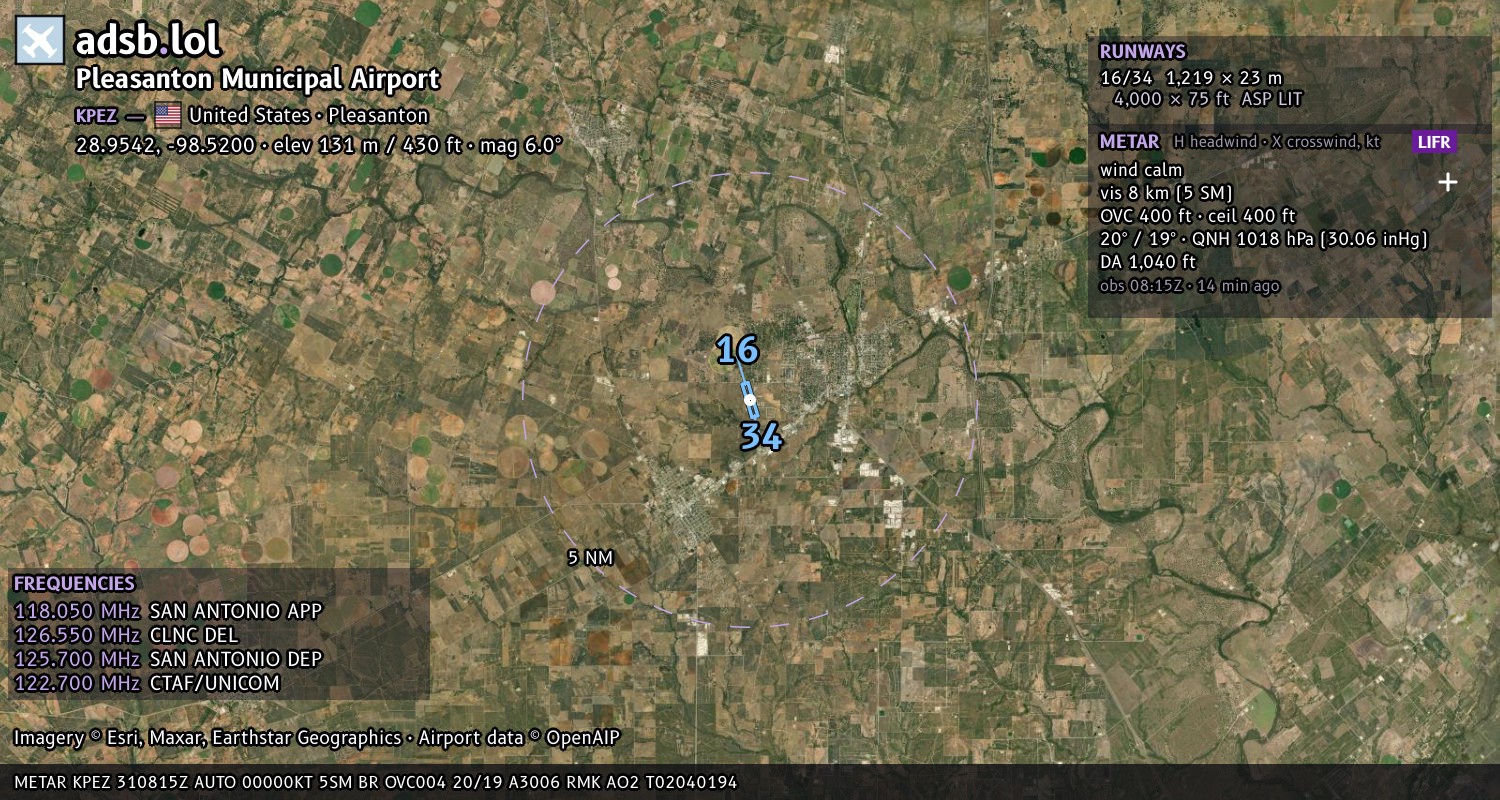 Satellite map with the runway layout of Pleasanton Municipal Airport (KPEZ)