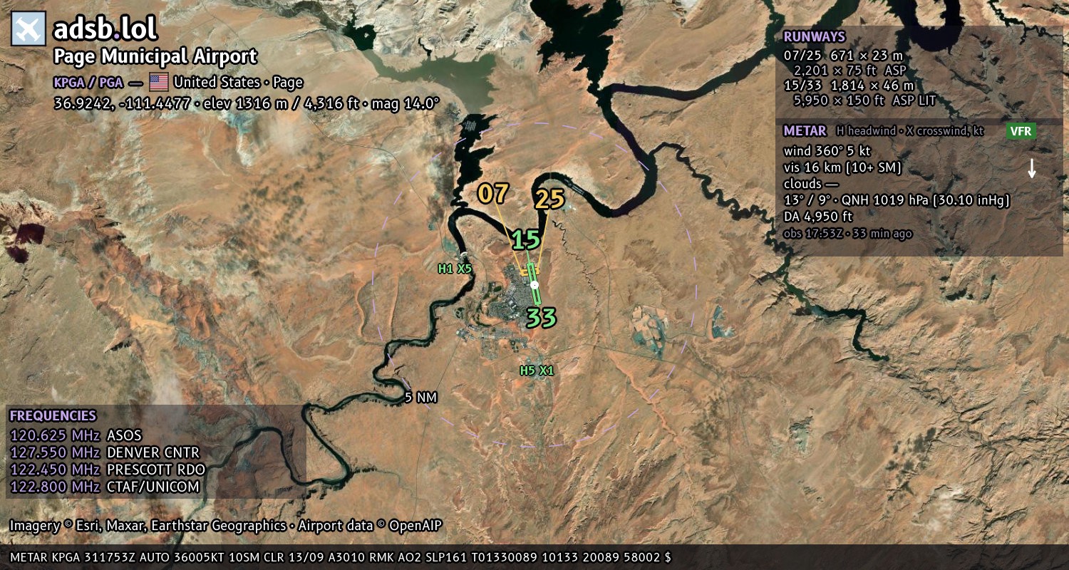 Satellite map with the runway layout of Page Municipal Airport (KPGA)