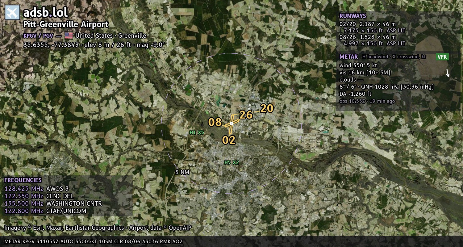 Satellite map with the runway layout of Pitt-Greenville Airport (KPGV)