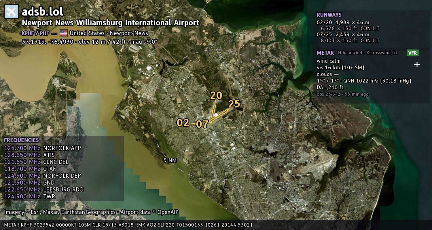 Satellite map with the runway layout of Newport News Williamsburg International Airport (KPHF)