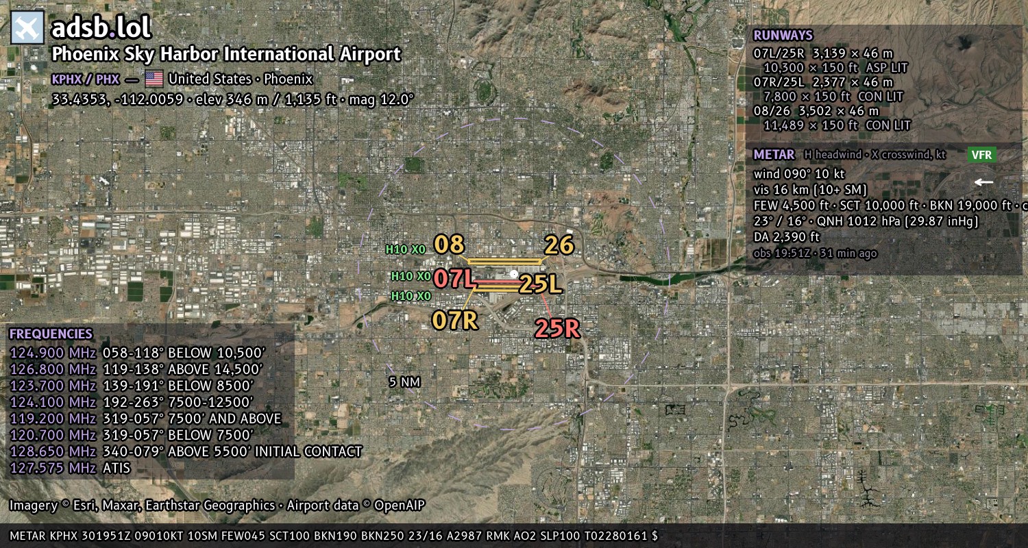 Satellite map with the runway layout of Phoenix Sky Harbor International Airport (KPHX)