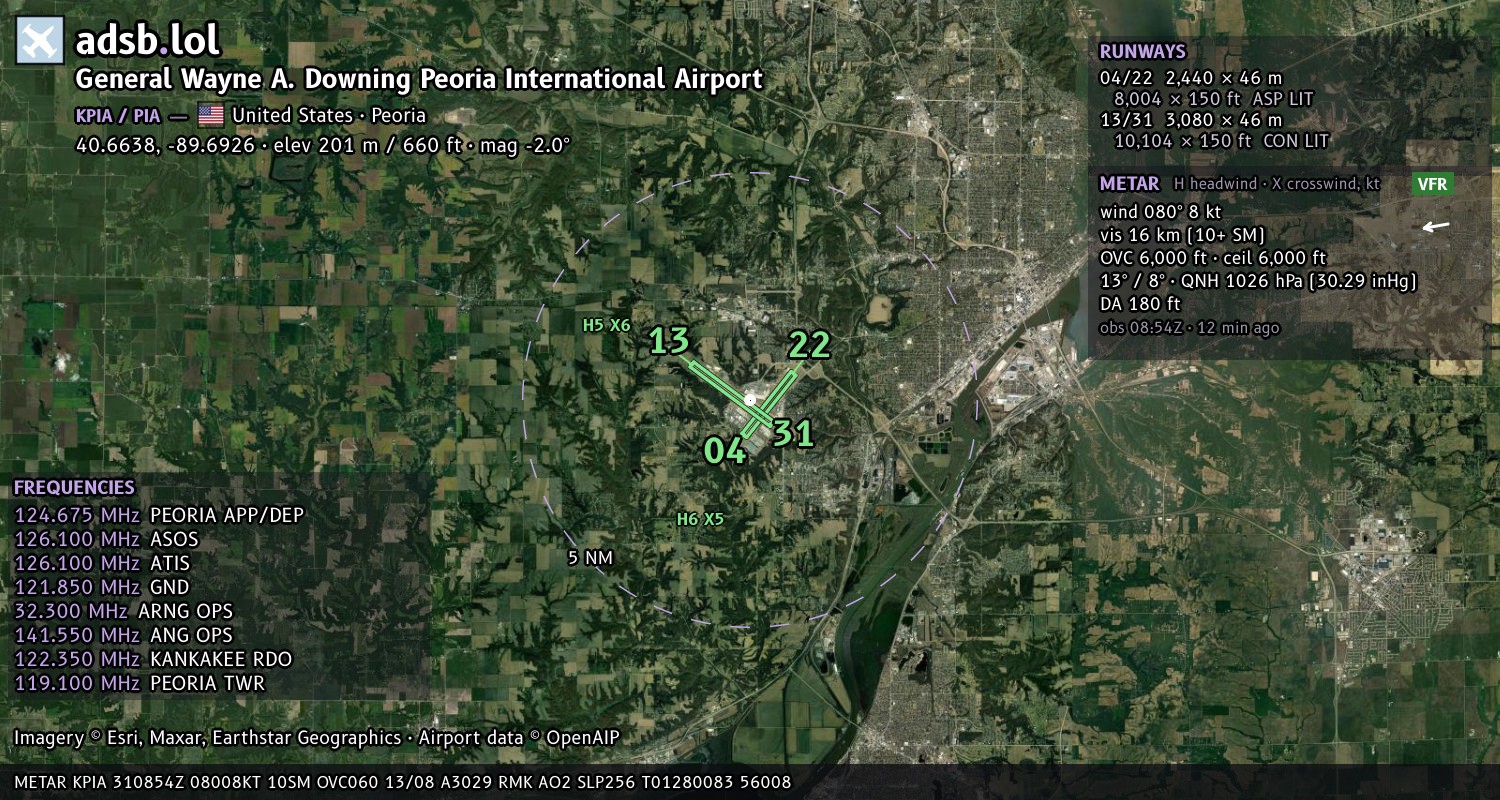 Satellite map with the runway layout of General Wayne A. Downing Peoria International Airport (KPIA)