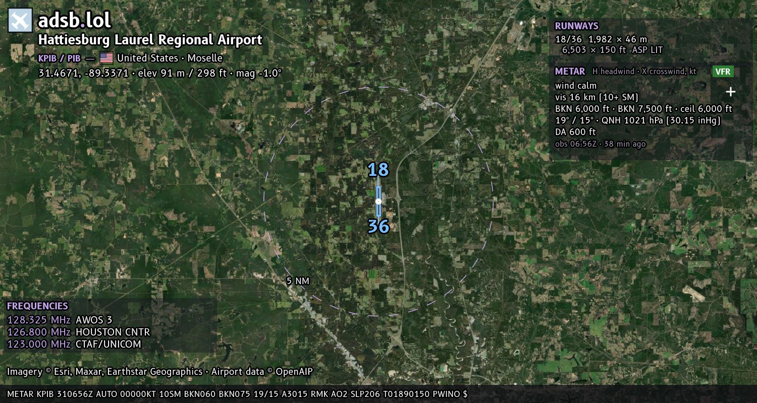 Satellite map with the runway layout of Hattiesburg Laurel Regional Airport (KPIB)