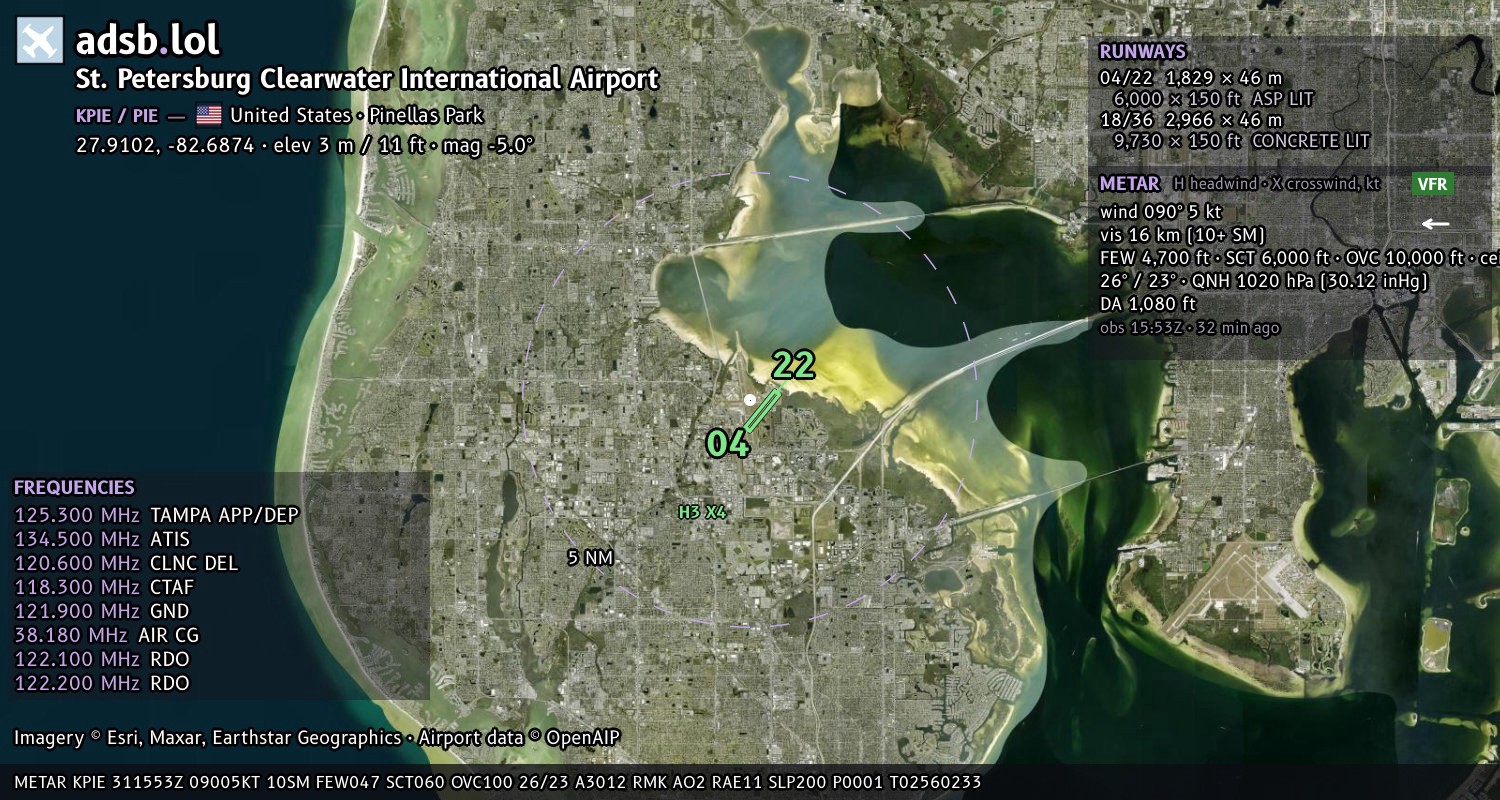 Satellite map with the runway layout of St. Petersburg Clearwater International Airport (KPIE)