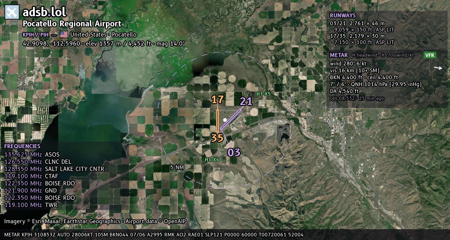 Satellite map with the runway layout of Pocatello Regional Airport (KPIH)