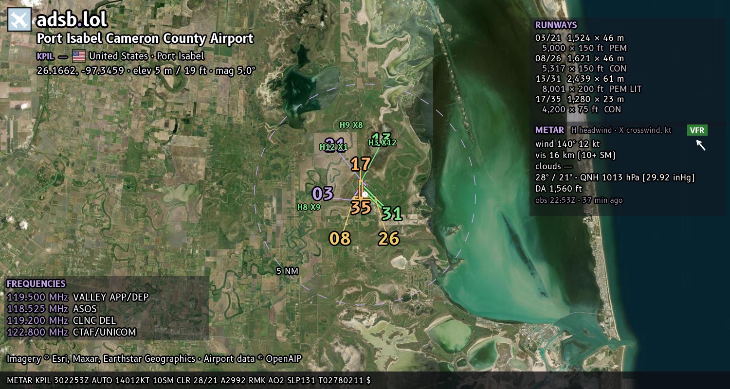 Satellite map with the runway layout of Port Isabel Cameron County Airport (KPIL)