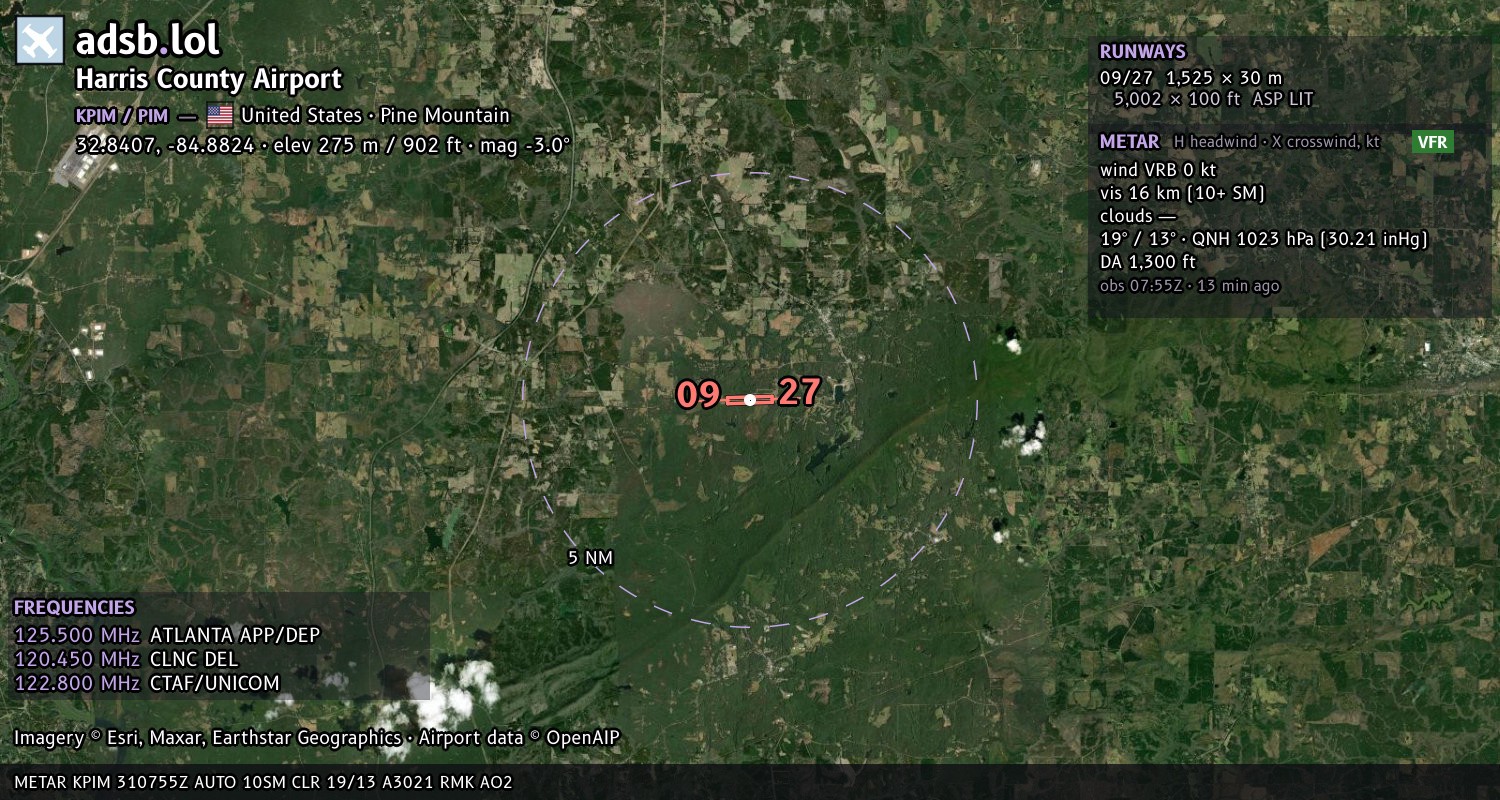 Satellite map with the runway layout of Harris County Airport (KPIM)