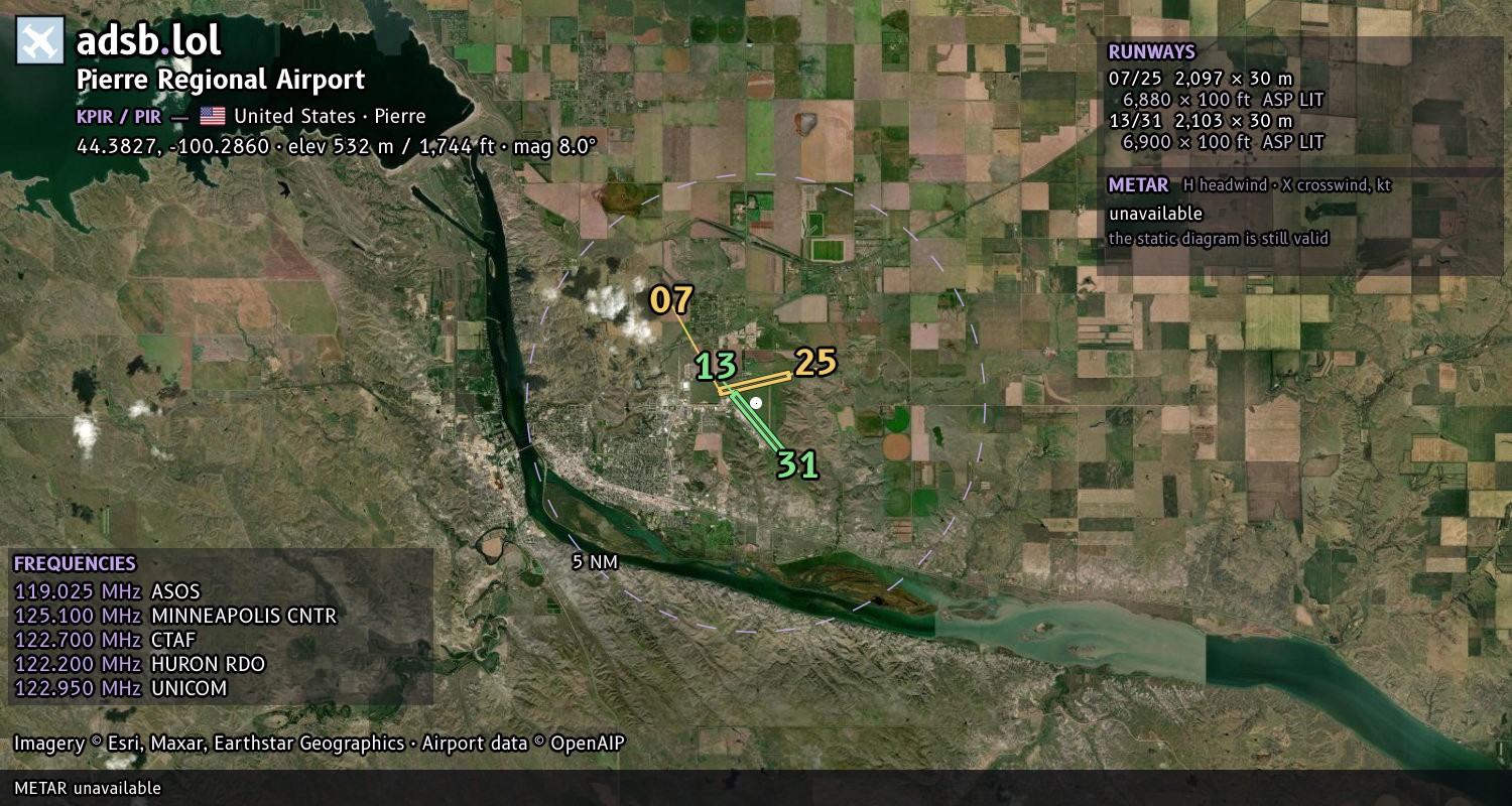 Satellite map with the runway layout of Pierre Regional Airport (KPIR)