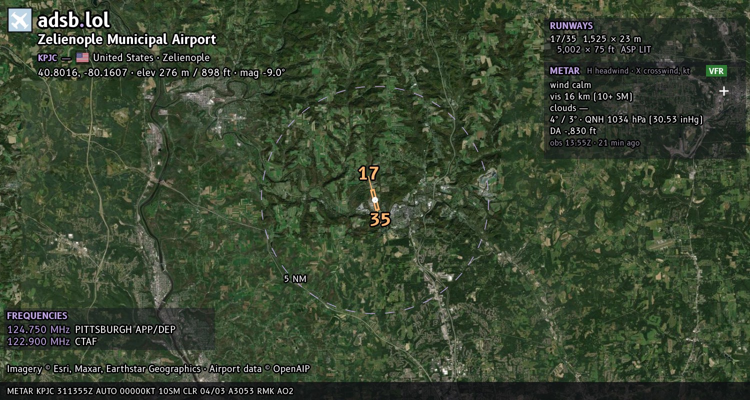 Satellite map with the runway layout of Zelienople Municipal Airport (KPJC)