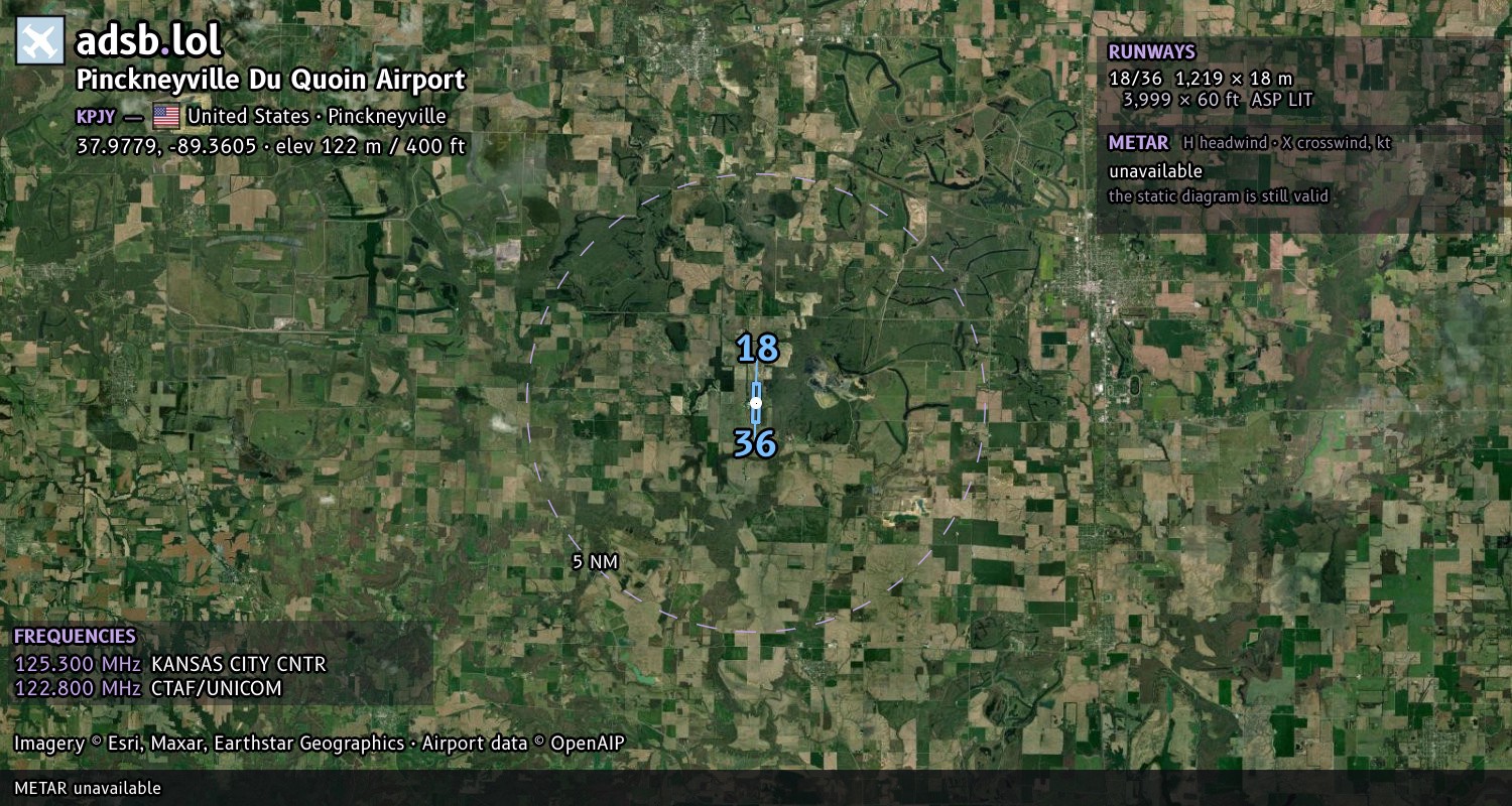 Satellite map with the runway layout of Pinckneyville Du Quoin Airport (KPJY)