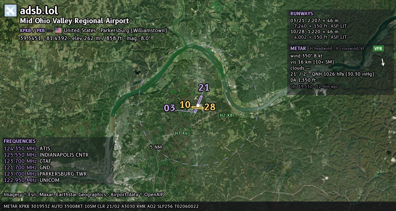 Satellite map with the runway layout of Mid Ohio Valley Regional Airport (KPKB)