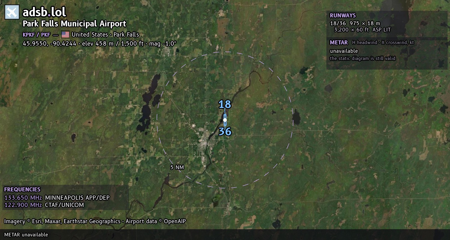 Satellite map with the runway layout of Park Falls Municipal Airport (KPKF)