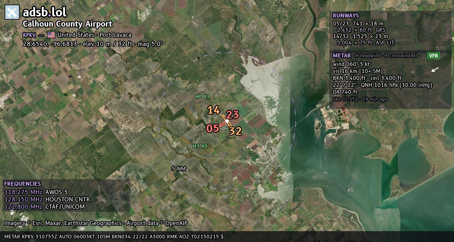 Satellite map with the runway layout of Calhoun County Airport (KPKV)