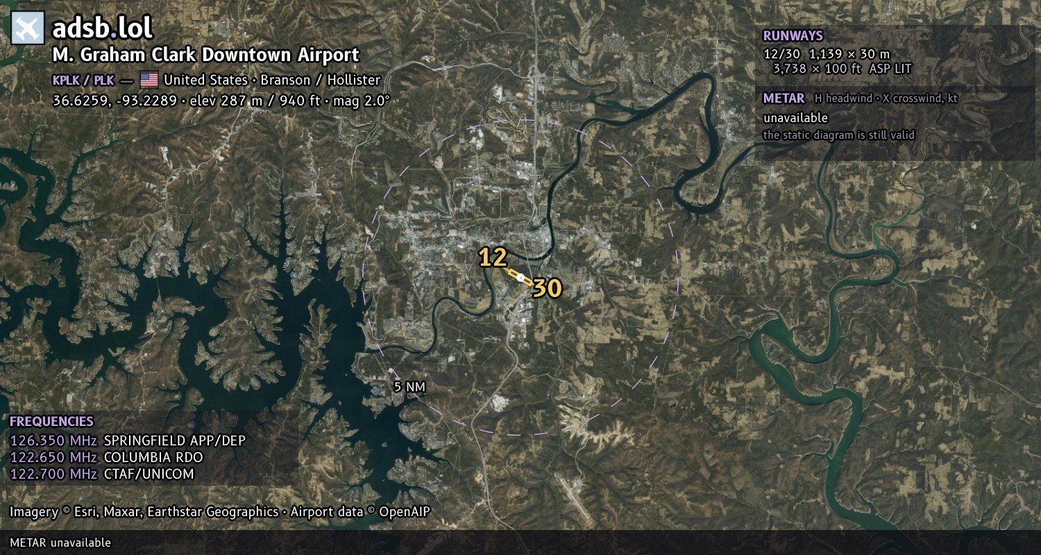 Satellite map with the runway layout of M. Graham Clark Downtown Airport (KPLK)