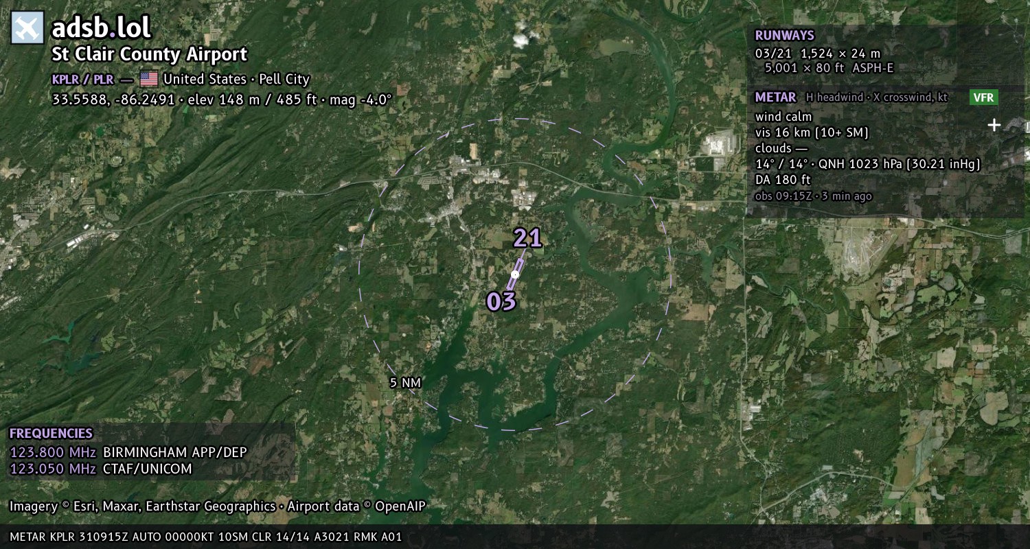 Satellite map with the runway layout of St Clair County Airport (KPLR)