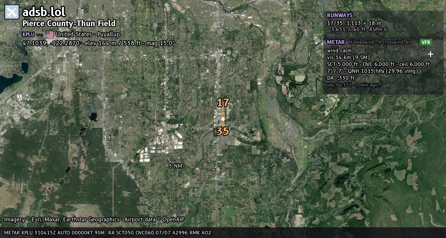Satellite map with the runway layout of Pierce County-Thun Field (KPLU)