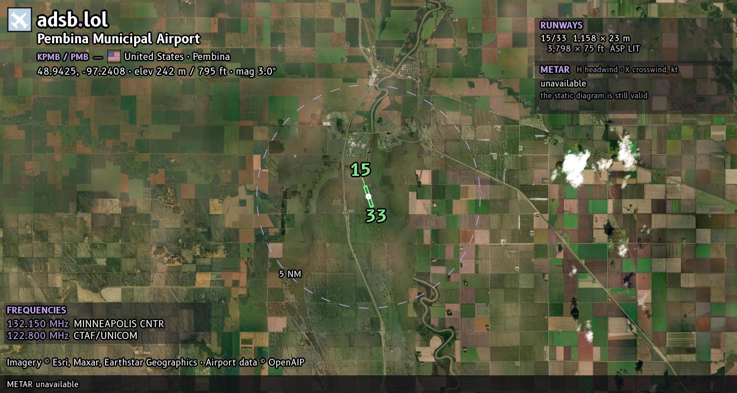 Satellite map with the runway layout of Pembina Municipal Airport (KPMB)