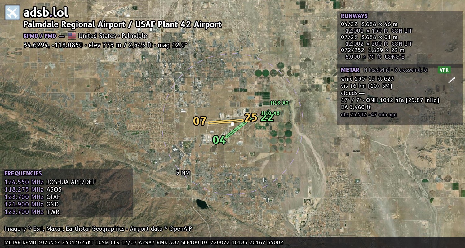 Satellite map with the runway layout of Palmdale Regional Airport / USAF Plant 42 Airport (KPMD)