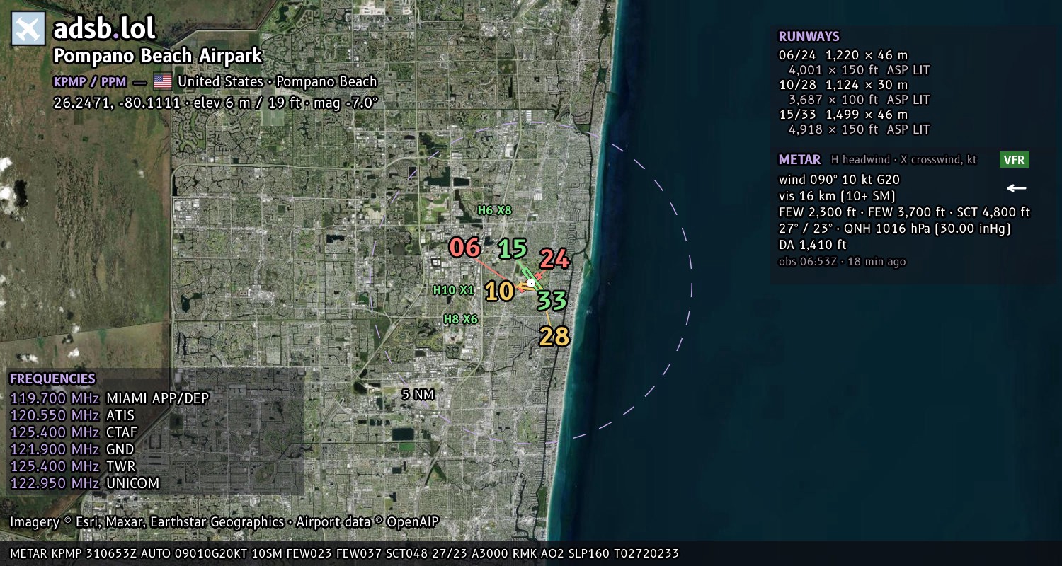 Satellite map with the runway layout of Pompano Beach Airpark (KPMP)