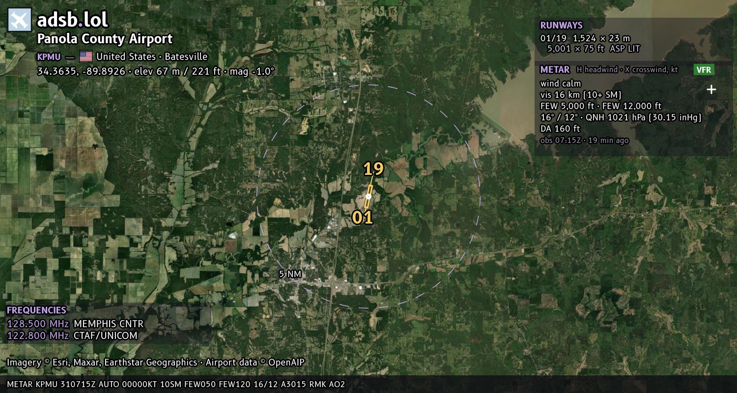 Satellite map with the runway layout of Panola County Airport (KPMU)