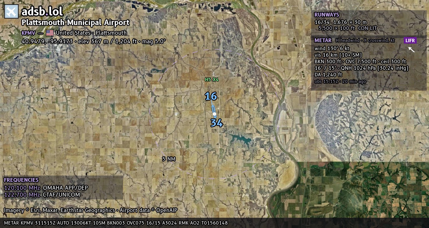 Satellite map with the runway layout of Plattsmouth Municipal Airport (KPMV)