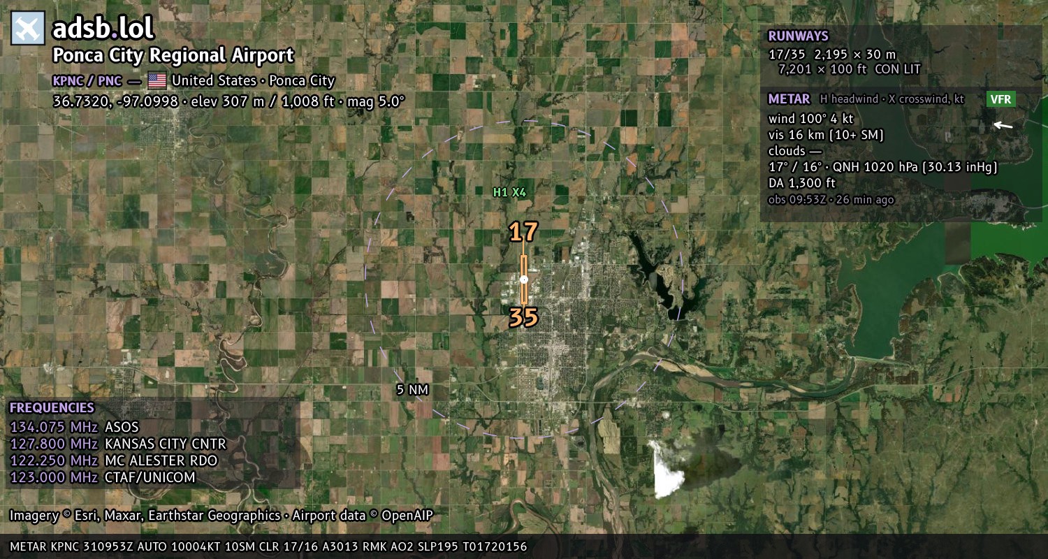 Satellite map with the runway layout of Ponca City Regional Airport (KPNC)