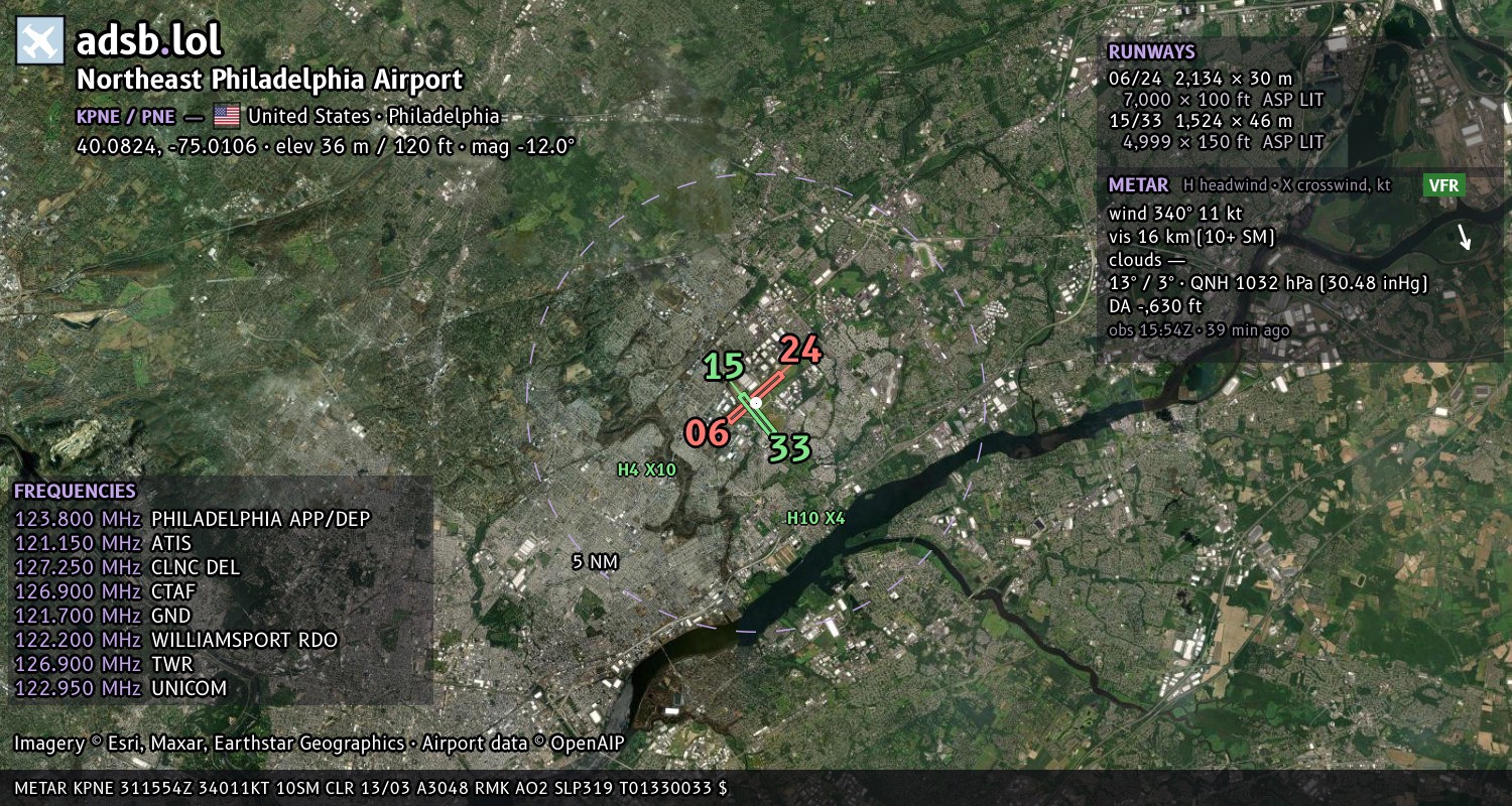Satellite map with the runway layout of Northeast Philadelphia Airport (KPNE)
