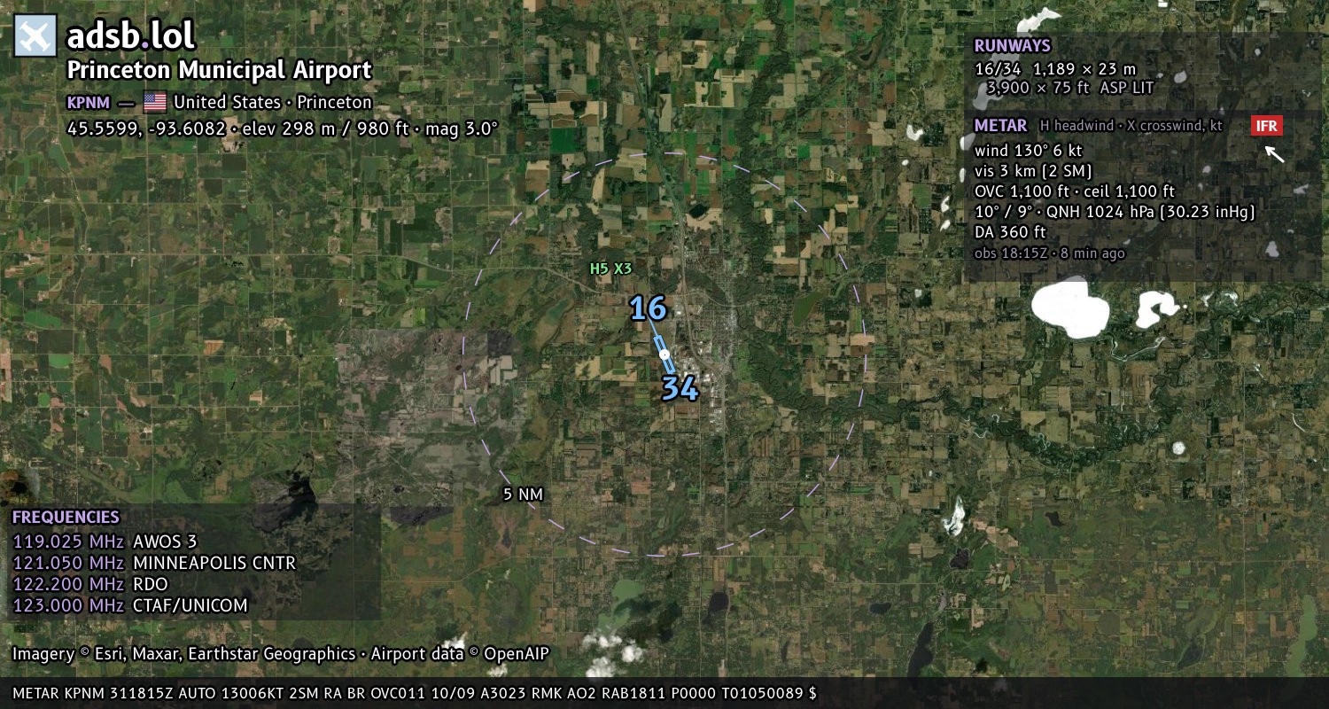 Satellite map with the runway layout of Princeton Municipal Airport (KPNM)
