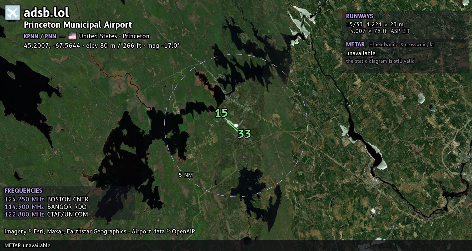 Satellite map with the runway layout of Princeton Municipal Airport (KPNN)
