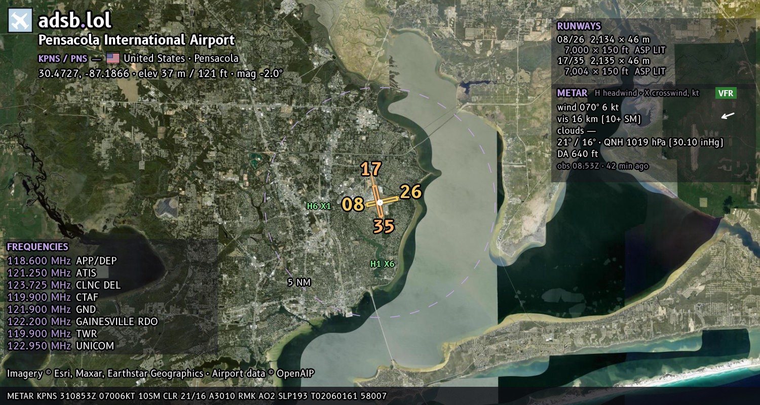 Satellite map with the runway layout of Pensacola International Airport (KPNS)