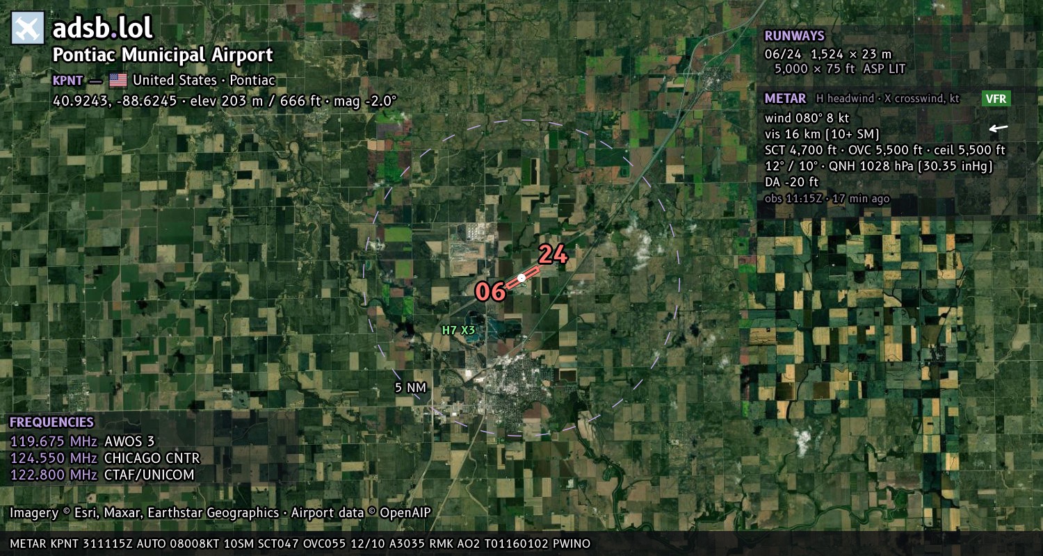 Satellite map with the runway layout of Pontiac Municipal Airport (KPNT)