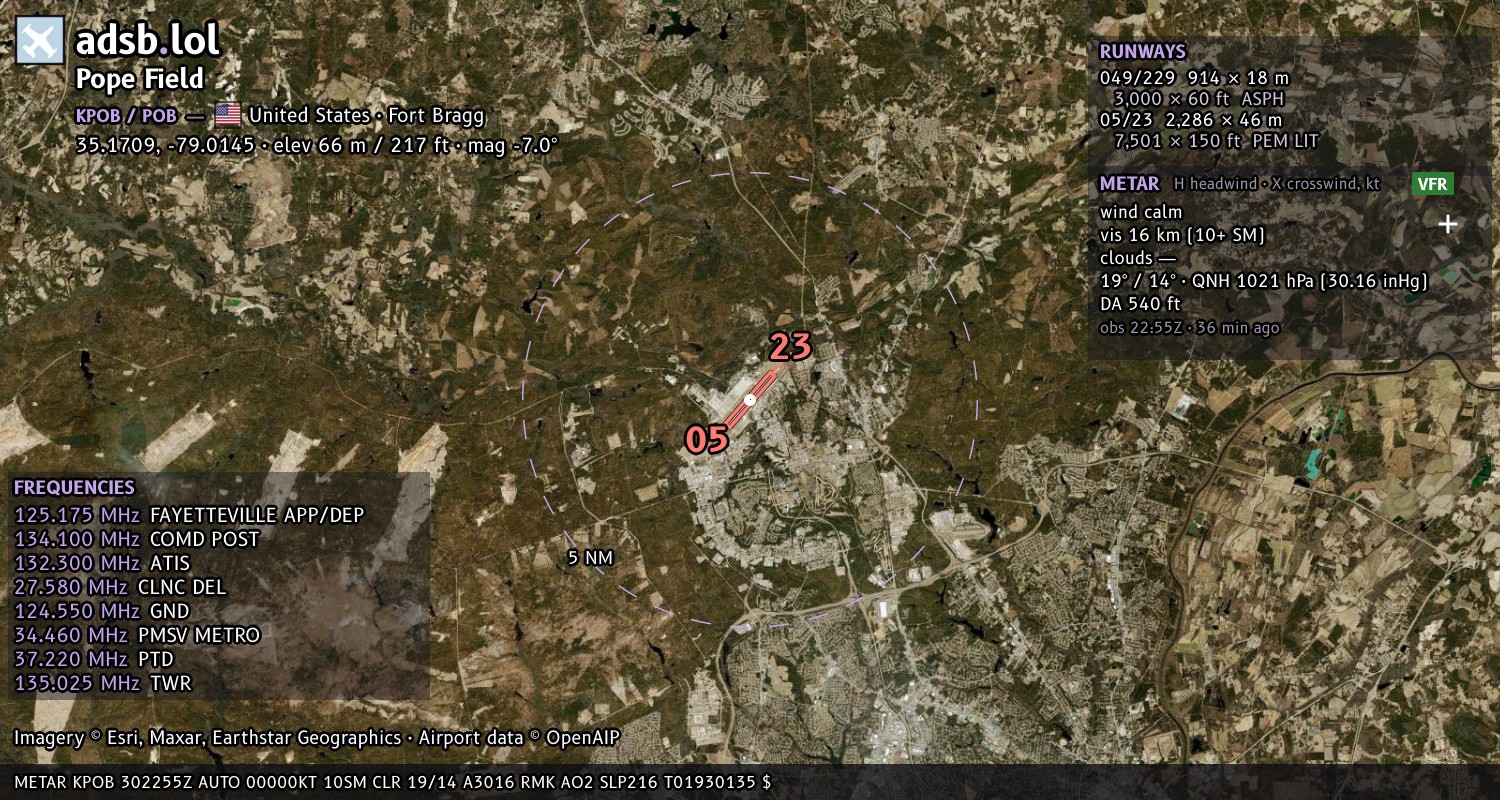 Satellite map with the runway layout of Pope Field (KPOB)