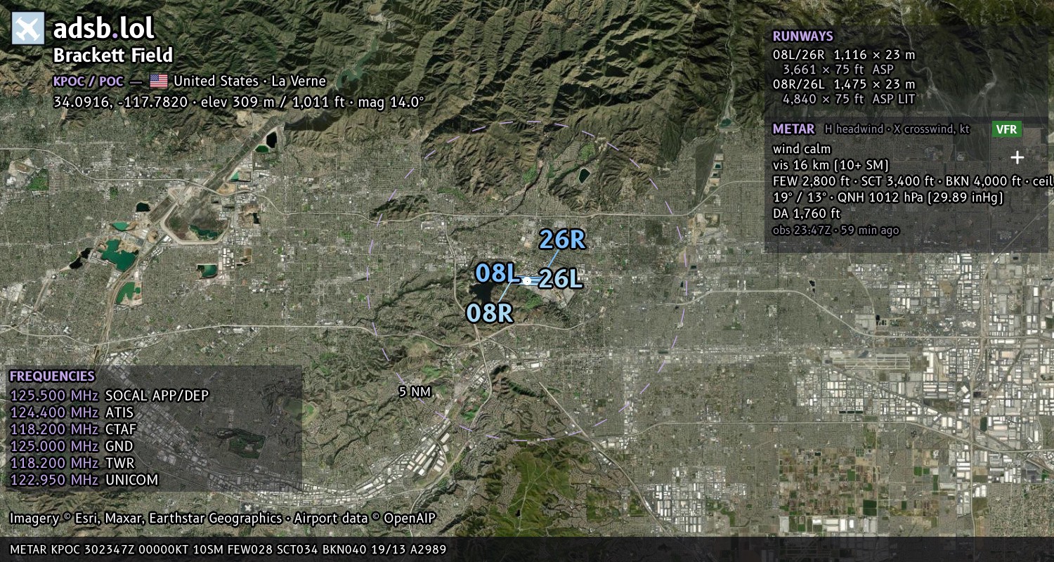 Satellite map with the runway layout of Brackett Field (KPOC)