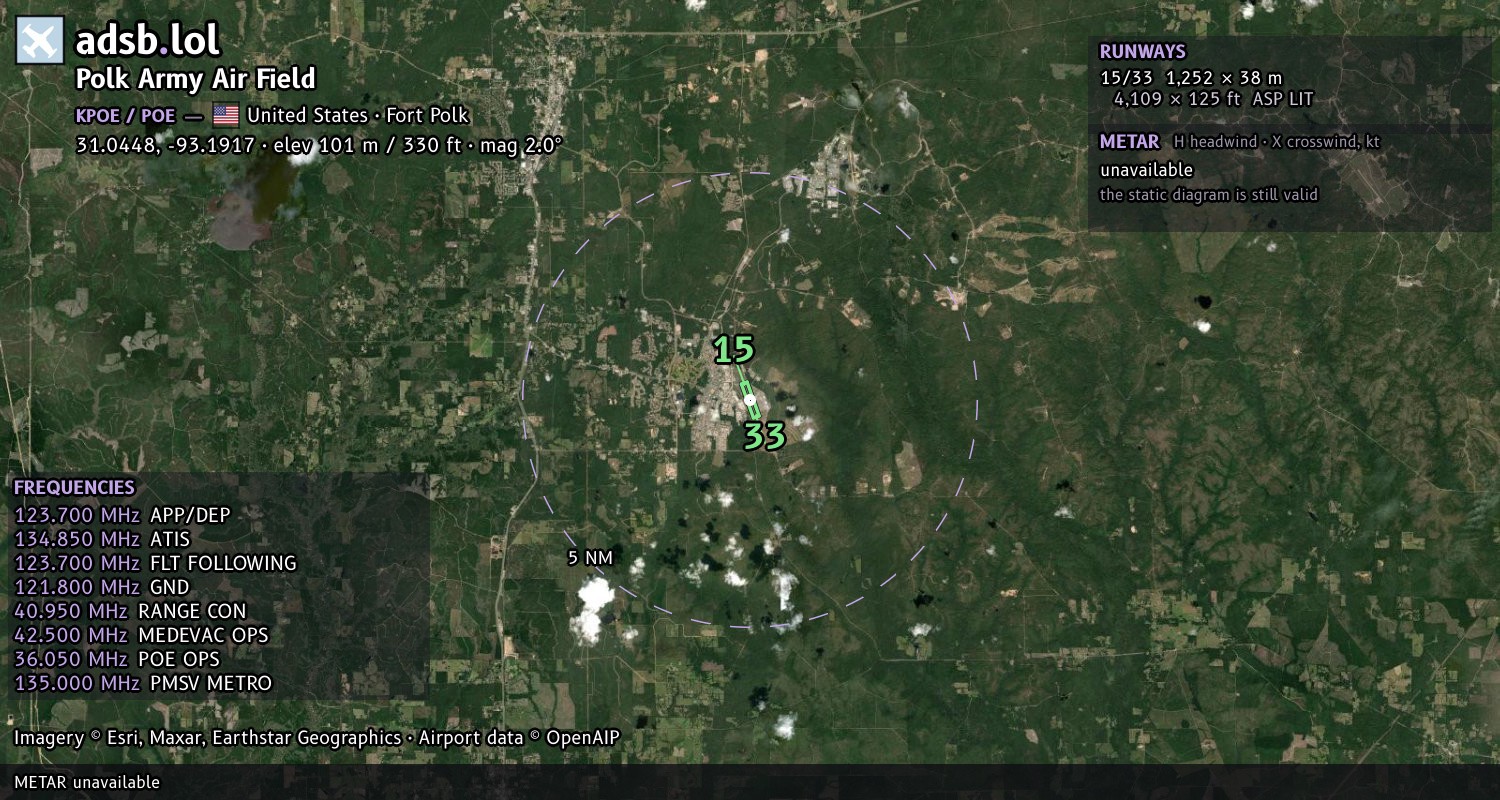 Satellite map with the runway layout of Polk Army Air Field (KPOE)
